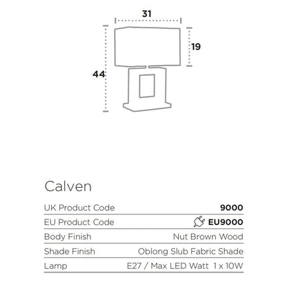 Технически размери настолна лампа серия CALVEN - 9000